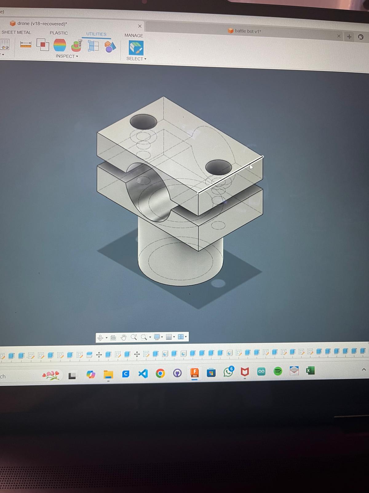 Landing gear assembly showing two-piece clamp design